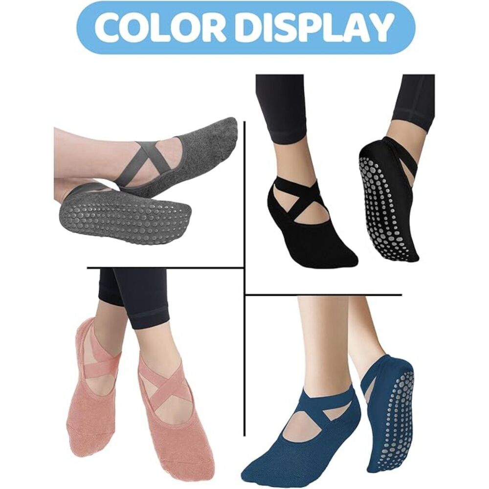 4 Pack! Pilates Grip Socks Non Slip Skid Yoga Socks w/Grips Sipper Sock